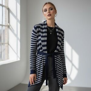 BCBGMaxAzria Navy & gray striped silk cashmere quiet luxury cardigan sweater